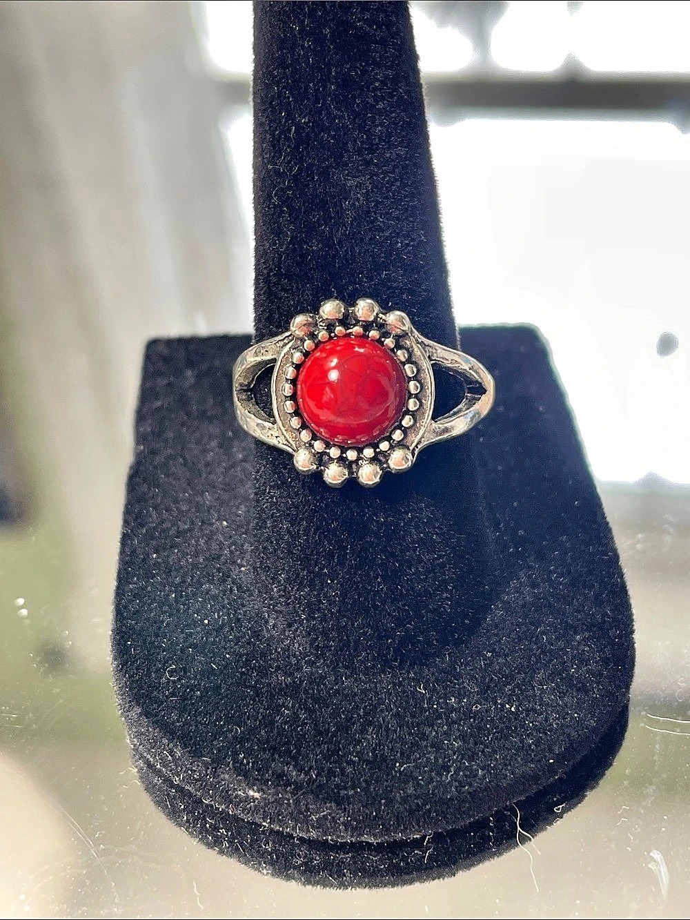 Red Stone Silver-Tone Ring Size 7